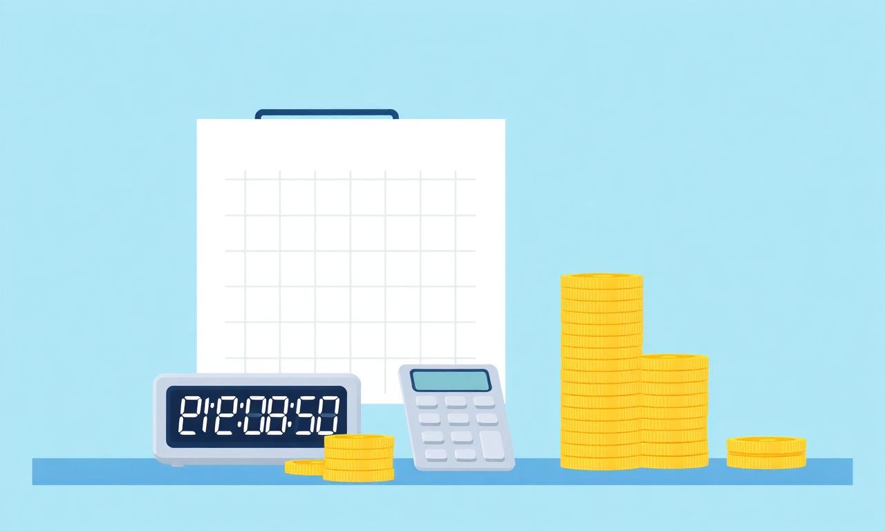 Illustration of a digital clock, time card, calculator and coins on a desk